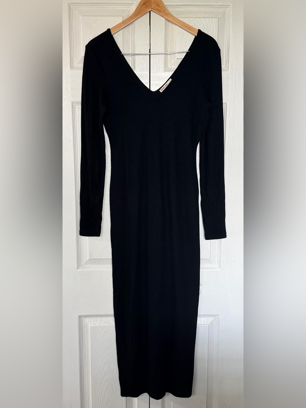 Marine Layer Lexi Rib V-Neck Maxi Dress Black Long Sleeve S